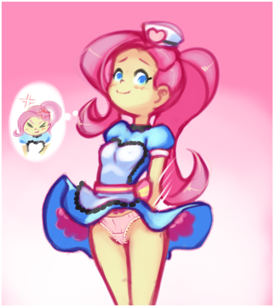 Size: 1165x1305 | Tagged: suggestive, artist:drantyno, derpibooru import, fluttershy, equestria girls, angry, blushing, clothes, dress, female, image, panties, png, skirt, skirt flip, solo, solo female, thought bubble, underwear, upskirt, waitress