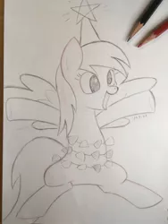 Size: 983x1310 | Tagged: safe, artist:huodx, derpibooru import, derpy hooves, pegasus, pony, derpy star, female, grayscale, image, jpeg, mare, monochrome, open mouth, open smile, pencil, pencil drawing, smiling, solo, spread arms, traditional art