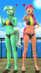 Size: 2160x3840 | Tagged: safe, artist:dawnyr, artist:dawnyrs, derpibooru import, lyra heartstrings, sunny starscout, anthro, earth pony, unicorn, 3d, bikini, clothes, duo, duo female, female, g5, image, png, source filmmaker, swimsuit