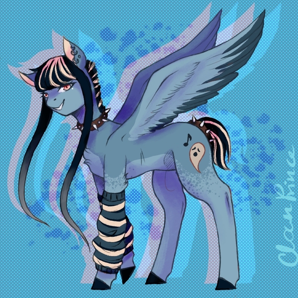 Size: 1024x1024 | Tagged: safe, artist:clown-bread, derpibooru import, oc, pegasus, pony, abstract background, choker, clothes, image, jpeg, leg warmers, male, pegasus oc, spiked choker, stallion, wings