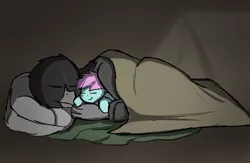 Size: 2190x1431 | Tagged: safe, artist:somber, derpibooru import, oc, oc:dummy, unofficial characters only, earth pony, gryphon, fallout equestria, bed, cuddling, cute, female, griffon oc, image, male, pillow, png, snuggling