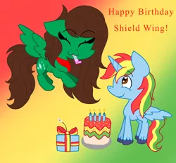 Size: 1400x1299 | Tagged: safe, artist:madlilon2051, derpibooru import, oc, oc:shield wing, unofficial characters only, alicorn, pony, abstract background, alicorn oc, base used, cake, duo, eyelashes, food, happy birthday, horn, image, male, party horn, png, present, smiling, stallion, wings