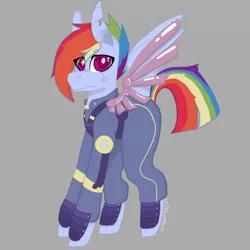 Size: 1724x1724 | Tagged: safe, artist:shinyantlers, derpibooru import, rainbow dash, pegasus, pony, alternate timeline, amputee, apocalypse dash, artificial wings, augmented, clothes, crystal war timeline, female, gray background, image, jpeg, mare, prosthetic limb, prosthetic wing, prosthetics, simple background, smiling, solo, wings