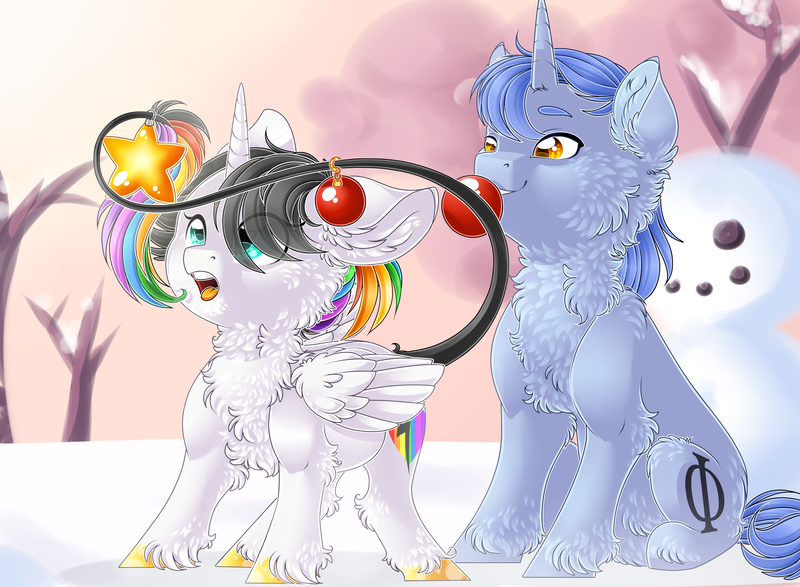 Size: 4251x3118 | Tagged: safe, artist:schokocream, derpibooru import, oc, oc:aeon of dreams, oc:lightning bliss, unofficial characters only, alicorn, pony, unicorn, :o, chest fluff, duo, ear fluff, female, horn, image, male, mare, open mouth, outdoors, png, snow, snowman, stallion, unicorn oc