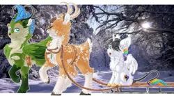 Size: 5376x2976 | Tagged: safe, artist:schokocream, derpibooru import, oc, oc:lightning bliss, oc:tyandaga, unofficial characters only, deer, pony, reindeer, antlers, chest fluff, ear fluff, female, image, male, mare, outdoors, png, smiling, snow