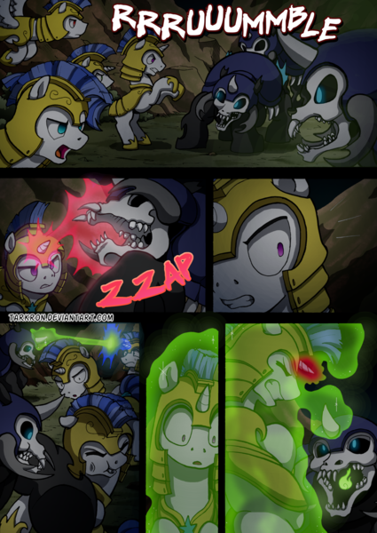 Size: 2408x3400 | Tagged: safe, artist:tarkron, author:bigonionbean, derpibooru import, oc, changeling, earth pony, hybrid, pegasus, pony, undead, unicorn, comic:fusing the fusions, comic:time of the fusions, armor, background pony, blast, bone, bucking, clothes, combat, comic, commissioner:bigonionbean, fight, guard, horn, horrified, image, levitation, magic, magic blast, male, noises, png, rain, random pony, royal guard, royal guard armor, shocked, skeleton, soldier, soldier pony, stallion, storm, telekinesis, terror, wings