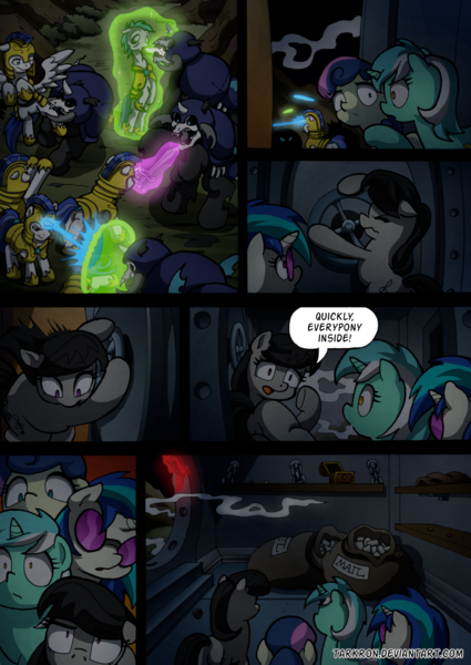 Size: 2408x3400 | Tagged: safe, artist:tarkron, author:bigonionbean, derpibooru import, bon bon, octavia melody, sweetie drops, vinyl scratch, oc, changeling, earth pony, hybrid, pegasus, pony, undead, unicorn, comic:fusing the fusions, comic:time of the fusions, background pony, blast, bone, bucking, clothes, combat, comic, commissioner:bigonionbean, cutie mark, dialogue, draining, female, fight, friendship express, glasses, guard, horn, horrified, image, levitation, magic, magic blast, mailbag, male, mare, noises, panel, panic, panicking, png, rain, random pony, royal guard, scared, shocked, skeleton, soldier, soldier pony, squint, stallion, storm, straight, sword, telekinesis, terrified, terror, train, train car, vault, weapon, wings