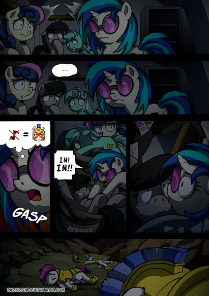 Size: 2408x3400 | Tagged: safe, artist:tarkron, author:bigonionbean, derpibooru import, bon bon, octavia melody, sweetie drops, vinyl scratch, oc, earth pony, pegasus, pony, unicorn, comic:fusing the fusions, comic:time of the fusions, clothes, combat, comic, commissioner:bigonionbean, corpse, cutie mark, dead, dialogue, female, friendship express, glasses, guard, horn, horrified, image, magic, mailbag, male, mare, panel, panic, panicking, png, rain, random pony, royal guard, scared, shocked, soldier, soldier pony, stallion, storm, train, train car, vault, wings