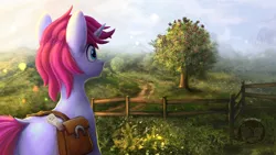 Size: 1536x864 | Tagged: safe, artist:calena, derpibooru import, oc, oc:prologue, unofficial characters only, pony, unicorn, apple, apple tree, bag, cantermore, cantermore castle, cute, fence, food, horseshoes, image, legends of equestria, parchment, png, saddle bag, scenery, scenery porn, solo, tree