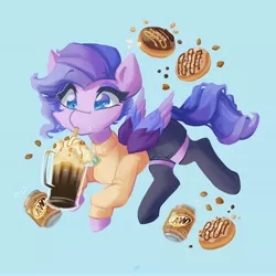 Size: 4096x4096 | Tagged: safe, artist:saxopi, derpibooru import, queen haven, pegasus, pony, a&w, absurd resolution, blue background, clothes, donut, drinking, drinking straw, female, food, g5, image, jpeg, mare, mug, multicolored hair, root beer, shorts, simple background, socks, solo, stockings, sweater, thigh highs