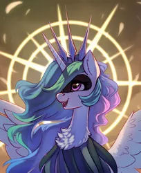 Size: 1734x2122 | Tagged: safe, artist:taneysha, derpibooru import, princess celestia, alicorn, pony, chest fluff, crossover, feather, female, hollow knight, image, jpeg, mare, open mouth, open smile, smiling, solo, spikes, spread wings, wings