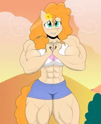 Size: 1659x2048 | Tagged: safe, artist:matchstickman, derpibooru import, pear butter, anthro, earth pony, pony, the perfect pear, abs, biceps, blushing, breasts, busty pear butter, clothes, deltoids, female, hands together, image, looking at you, mare, matchstickman's pear buffer series, midriff, muscles, muscular female, pear buffer, png, scene interpretation, shorts, solo, sunset, thighs, thunder thighs