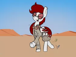 Size: 1054x791 | Tagged: safe, artist:triplesevens, derpibooru import, oc, oc:sarsaparilla surprise, bat pony, clothes, desert, glasses, image, png, solo