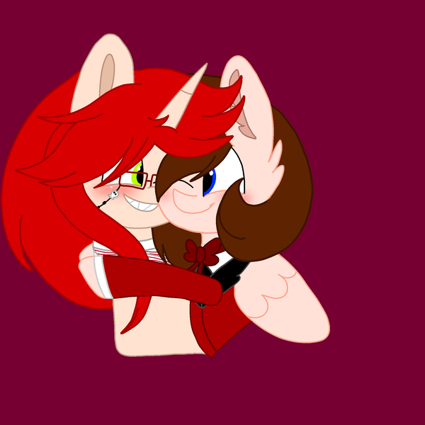 Size: 2067x2067 | Tagged: safe, artist:circuspaparazzi5678, artist:senpai-breanna5678, derpibooru import, oc, oc:breanna, pegasus, pony, unicorn, black butler, blushing, grell, grell sutcliff, hug, hugging a pony, image, kuroshitsuji, png, ponysona