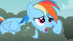 Size: 1280x720 | Tagged: safe, derpibooru import, screencap, rainbow dash, pegasus, pony, season 2, the mysterious mare do well, cloud, female, folded wings, image, jpeg, mare, multicolored hair, multicolored mane, on a cloud, open mouth, rainbow hair, solo, wings
