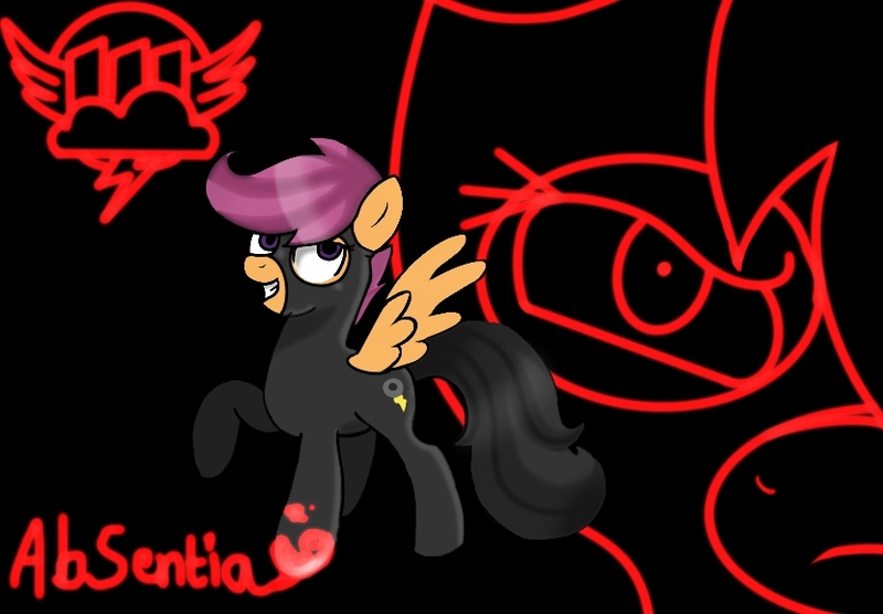 Size: 831x578 | Tagged: semi-grimdark, artist:taeko, derpibooru import, rainbow dash, scootaloo, pegasus, pony, fanfic:pegasus device, fanfic:rainbow factory, absentia, absentia's cutie mark, black background, black suit, blood, blood on hoof, catsuit, dyed tail, evil, evil grin, evil scootaloo, eviloo, factory scootaloo, fanfic art, female, filly, frown, grin, image, jpeg, lidded eyes, looking offscreen, neon, neon artstyle, neon outlines, no floor visible, painting, painting with blood, pegasus device, rainbow factory dash, rainbow factory logo, shading practice, simple background, smiling, spread wings, tail, teeth, wings, writing