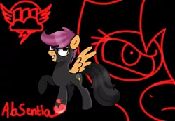 Size: 831x578 | Tagged: semi-grimdark, artist:taeko, derpibooru import, rainbow dash, scootaloo, pegasus, pony, fanfic:pegasus device, fanfic:rainbow factory, absentia, absentia's cutie mark, black background, black suit, blood, blood on hoof, catsuit, dyed tail, evil, evil grin, evil scootaloo, eviloo, factory scootaloo, fanfic art, female, filly, frown, grin, image, jpeg, lidded eyes, looking offscreen, neon, neon artstyle, neon outlines, no floor visible, painting, painting with blood, pegasus device, rainbow factory dash, rainbow factory logo, shading practice, simple background, smiling, spread wings, tail, teeth, wings, writing