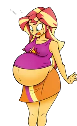Size: 1678x2749 | Tagged: suggestive, artist:funble, artist:pacificside18, derpibooru import, sunset shimmer, equestria girls, belly, belly button, belly expansion, big belly, clothes, cutie mark, cutie mark on clothes, female, growth, image, open mouth, png, pregnant, rapid pregnancy, skirt, solo, solo female, sunset preggers, surprised, tanktop