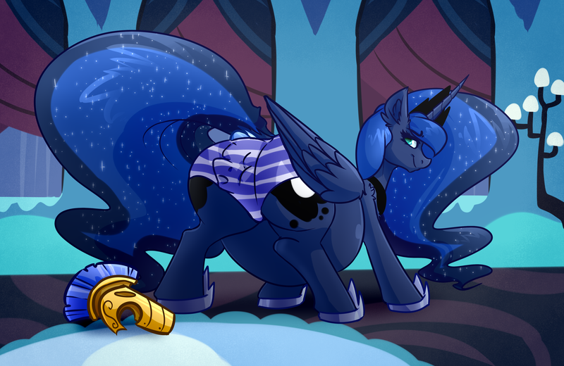 Size: 4000x2600 | Tagged: suggestive, alternate version, artist:witchtaunter, derpibooru import, princess luna, alicorn, anal vore, belly, big belly, butt, clothes, commission, fetish, guard, image, png, underwear, vore, willing vore