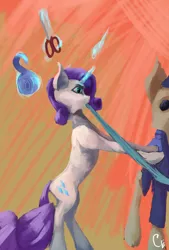 Size: 4160x6144 | Tagged: safe, artist:thelordgemm, derpibooru import, rarity, pony, unicorn, bipedal, bipedal leaning, female, glow, glowing horn, horn, image, leaning, magic, mannequin, mouth hold, png, scissors, solo, telekinesis