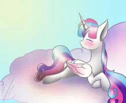 Size: 1448x1180 | Tagged: safe, artist:yanderecomet, derpibooru import, oc, oc:candy star, unofficial characters only, alicorn, pony, alicorn oc, blushing, cloud, eyes closed, female, horn, image, lying down, png, prone, solo, wings