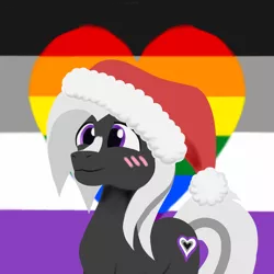 Size: 1440x1440 | Tagged: safe, artist:rockhoppr3, derpibooru import, oc, oc:ace hearts, unofficial characters only, earth pony, pony, asexual pride flag, blush sticker, blushing, christmas, gay pride flag, hat, holiday, image, male, png, pride, pride flag, rainbow flag, santa hat, solo