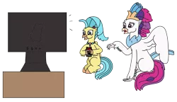 Size: 2772x1595 | Tagged: safe, artist:supahdonarudo, derpibooru import, princess skystar, queen novo, classical hippogriff, hippogriff, my little pony: the movie, concerned, cute, excited, holding, image, jewelry, jurassic park, necklace, png, simple background, sitting, skyabetes, television, transparent background, vhs, watching tv