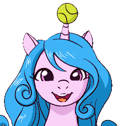 Size: 1920x1920 | Tagged: safe, artist:fantasyblade, derpibooru import, izzy moonbow, pony, unicorn, spoiler:g5, animated, ball, cute, female, g5, gif, headbob, image, izzy's tennis ball, izzybetes, looking at you, mare, open mouth, open smile, simple background, smiling, smiling at you, solo, tennis ball, white background