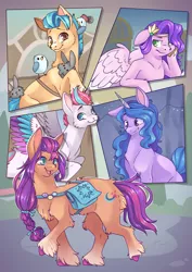 Size: 2896x4096 | Tagged: safe, artist:cutepencilcase, derpibooru import, hitch trailblazer, izzy moonbow, pipp petals, sunny starscout, zipp storm, bird, earth pony, pegasus, pony, rabbit, unicorn, my little pony: a new generation, animal, cheek fluff, chest fluff, colored pupils, critter magnet, cute, female, floppy ears, g5, high res, image, leg fluff, male, mane five (g5), mare, pipp is not amused, png, stallion, unamused