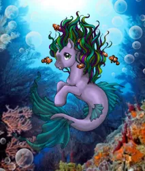 Size: 707x828 | Tagged: safe, artist:saika-elkhart, derpibooru import, oc, unofficial characters only, fish, merpony, sea pony, seapony (g4), bubble, coral, crepuscular rays, dorsal fin, fins, fish tail, flowing mane, flowing tail, green eyes, green mane, image, jpeg, ocean, photo, seaweed, solo, sunlight, swimming, tail, underwater, water