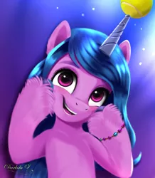 Size: 1730x1982 | Tagged: safe, artist:darksly, derpibooru import, izzy moonbow, pony, unicorn, my little pony: a new generation, ball, bracelet, commission, g5, image, izzy's tennis ball, jewelry, jpeg, open mouth, tennis ball