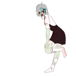 Size: 1024x1024 | Tagged: safe, artist:idkhesoff, derpibooru import, oc, oc:elizabat stormfeather, unofficial characters only, human, undead, zombie, alternate hairstyle, blood, blushing, clothes, costume, derpibooru exclusive, female, halloween, halloween costume, holiday, humanized, humanized oc, image, lipstick, overalls, png, ripped stockings, shirt, simple background, skirt, socks, solo, stockings, thigh highs, torn clothes, torn socks, transparent background, t-shirt, wings