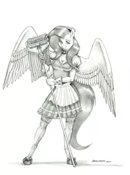 Size: 1000x1343 | Tagged: safe, artist:baron engel, derpibooru import, fluttershy, anthro, pegasus, unguligrade anthro, clothes, fluttermop, image, jpeg, maid, monochrome, mop, pencil drawing, solo, traditional art