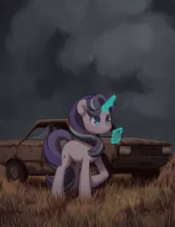 Size: 2500x3244 | Tagged: safe, artist:cherrnichka, derpibooru import, starlight glimmer, pony, unicorn, car, image, jpeg, levitation, magic, solo, telekinesis