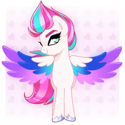 Size: 1050x1050 | Tagged: safe, artist:aferalsunflower, artist:euphoriapony, derpibooru import, zipp storm, pegasus, pony, abstract background, adorazipp, cute, female, g5, heart, image, looking at you, mare, png, smiling, solo, spread wings, unshorn fetlocks, wings