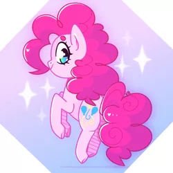 Size: 1280x1280 | Tagged: safe, artist:aferalsunflower, artist:euphoriapony, derpibooru import, pinkie pie, earth pony, pony, abstract background, beanbrows, cute, diapinkes, eyebrows, female, heart, image, looking at you, looking back, looking back at you, mare, png, raised hoof, solo, sparkles