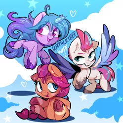 Size: 1992x2000 | Tagged: safe, artist:zombie, derpibooru import, izzy moonbow, sunny starscout, zipp storm, earth pony, pegasus, unicorn, blush sticker, blushing, cloud, cute, g5, heart, image, jpeg, open mouth, sitting, smiling, spread wings, stars, wings
