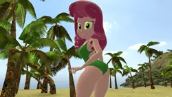 Size: 1920x1080 | Tagged: suggestive, derpibooru import, cheerilee, equestria girls, ass, beach, beach babe, breasts, busty cheerilee, butt, clothes, green swimsuit, image, leotard, png, solo, swimsuit