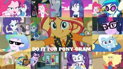 Size: 4338x2446 | Tagged: safe, derpibooru import, edit, edited screencap, editor:quoterific, screencap, angel bunny, applejack, cranky doodle donkey, fluttershy, pinkie pie, princess celestia, rainbow dash, rarity, sci-twi, sunset shimmer, trixie, twilight sparkle, vinyl scratch, rabbit, do it for the ponygram!, equestria girls, equestria girls series, five to nine, the other side, spoiler:eqg series (season 2), :p, animal, bowtie, bracelet, camera shot, clothes, cute, cutie mark, cutie mark on clothes, diatrixes, eyes closed, female, geode of empathy, geode of fauna, geode of shielding, geode of super speed, geode of super strength, glasses, hairpin, hoodie, humane five, humane seven, humane six, image, jewelry, lockers, magical geodes, male, necklace, open mouth, png, ponytail, principal celestia, rarity peplum dress, shoes, sneakers, sunglasses, the other side bloopers, tongue out
