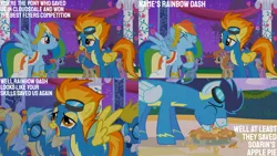 Size: 4400x2475 | Tagged: safe, derpibooru import, edit, edited screencap, editor:quoterific, screencap, rainbow dash, soarin', spitfire, pegasus, pony, season 1, the best night ever, clothes, dress, eyes closed, female, food, gala dress, goggles, image, male, mare, open mouth, pie, png, stallion, that pony sure does love pies, uniform, wonderbolts uniform