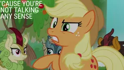 Size: 1920x1080 | Tagged: safe, derpibooru import, edit, edited screencap, editor:quoterific, screencap, applejack, earth pony, kirin, pony, season 8, sounds of silence, spoiler:s08, apple, applejack's hat, cowboy hat, female, food, hat, image, mare, png, tree