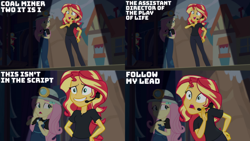 Size: 4400x2475 | Tagged: safe, derpibooru import, edit, edited screencap, editor:quoterific, screencap, apple bloom, fluttershy, sunset shimmer, equestria girls, equestria girls series, opening night, female, grin, hairpin, helmet, image, nervous, nervous grin, opening night: sunset shimmer, png, smiling