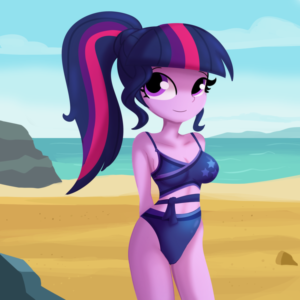 Size: 3300x3300 | Tagged: suggestive, artist:tjpones, derpibooru import, sci-twi, twilight sparkle, equestria girls, adorasexy, beach, big breasts, bikini, breasts, busty twilight sparkle, cleavage, clothes, cute, female, high res, image, lineless, missing accessory, no glasses, png, sexy, smiling, solo, solo female, swimsuit