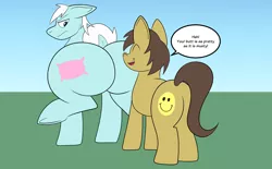 Size: 5000x3098 | Tagged: suggestive, artist:facade, derpibooru import, oc, oc:plush pillow, earth pony, annoyed, butt, butt sniffing, earth pony oc, feral, image, large butt, male, png, raised hoof, teasing, this will end in pain, unamused
