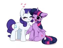 Size: 6040x4640 | Tagged: safe, artist:kittyrosie, derpibooru import, rarity, twilight sparkle, alicorn, pony, unicorn, absurd resolution, blushing, chest fluff, ear fluff, eyes closed, female, floppy ears, image, lesbian, one eye closed, open mouth, png, rarilight, shipping, simple background, white background