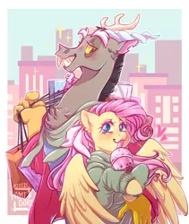 Size: 2700x3200 | Tagged: safe, artist:yami-sempai, derpibooru import, discord, fluttershy, pony, bag, clothes, discoshy, female, image, male, png, shipping, shopping bag, straight, tongue out