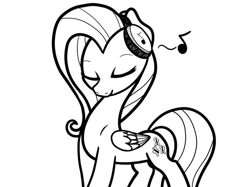 Size: 2048x1638 | Tagged: safe, artist:ewoudcponies, derpibooru import, fluttershy, pegasus, pony, black and white, eyes closed, female, grayscale, headphones, image, jpeg, lineart, mare, monochrome, music notes, simple background, smiling, solo, white background