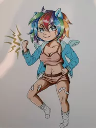 Size: 1500x2000 | Tagged: safe, artist:clown-bread, derpibooru import, rainbow dash, human, bandaid, breasts, cleavage, clothes, eared humanization, female, fist bump, hand on hip, humanized, image, jpeg, shorts, smiling, solo, traditional art, winged humanization, wings