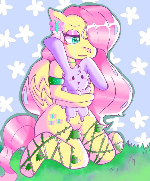 Size: 6000x7235 | Tagged: safe, artist:cheesebunart, derpibooru import, fluttershy, anthro, pegasus, rabbit, unguligrade anthro, abstract background, animal, arm hooves, duo, fishnets, image, jpeg, kneeling, makeup, wings