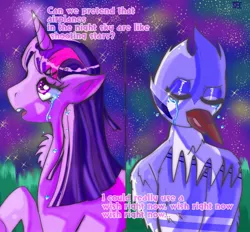 Size: 2048x1902 | Tagged: safe, artist:cheesebunart, derpibooru import, twilight sparkle, twilight sparkle (alicorn), alicorn, anthro, pony, aeroplanes and meteor showers, airplanes (song), anthro with ponies, crossover, crossover shipping, crying, female, image, jpeg, male, mare, mordecai, mordetwi, night, regular show, shipping, stars, straight